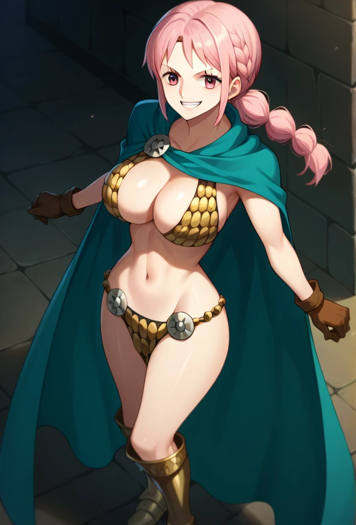 1girl, Solo, rebecca, anime style, breasts, bikini armor, pink hair, pink eyes, armor, cape, large breasts, braid, long hair, cleavage, gloves, navel, boots, shiny skin, smile, cape wavering in fronts, cape in-front, long cape 