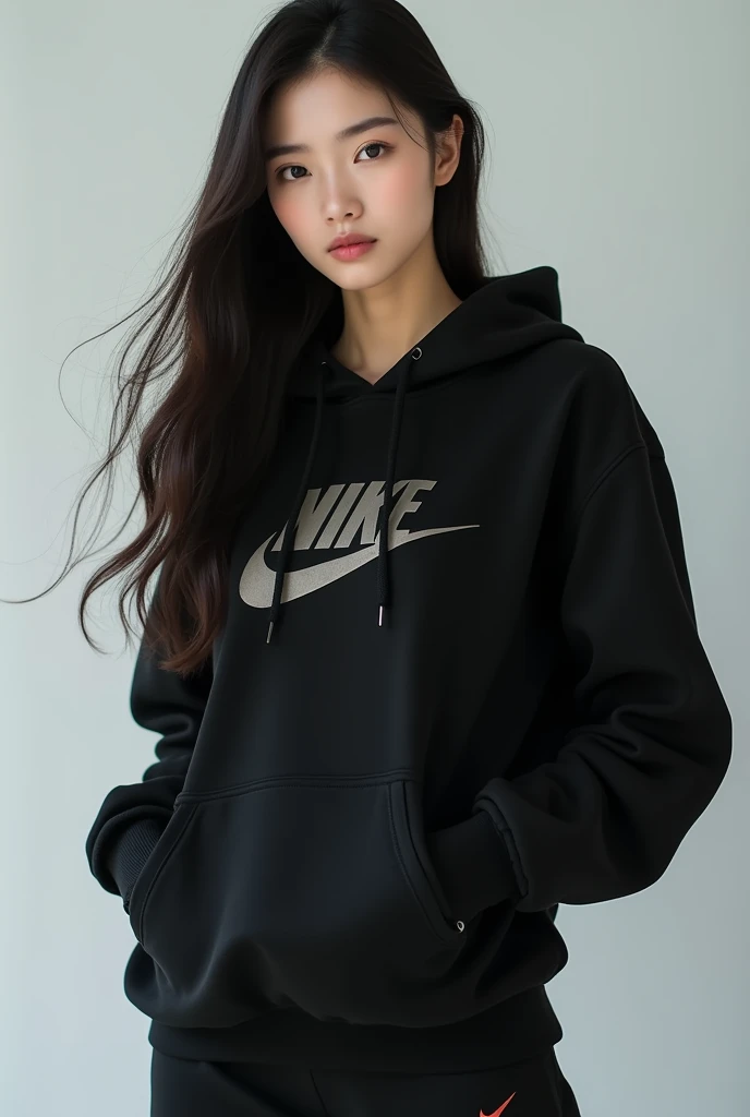 Une belle brune coréenne aux yeux bridés aux cheveux longs portant un sweat-shirt nike a capuche noir Nike et un pantalon noir Nike assorti, 