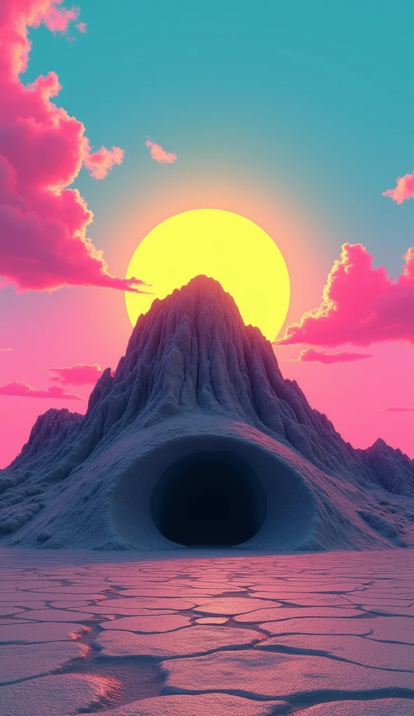 Vice City GTA, pink, blue and yellow clear sky with a yellow sun, retro sky, gray retro ground, clear sky, few clouds, There is a very wide and round rocky mountain in the background with a dark entrance in the middle, fat mountain with a round tip, the mountain is shaped like a semi circle