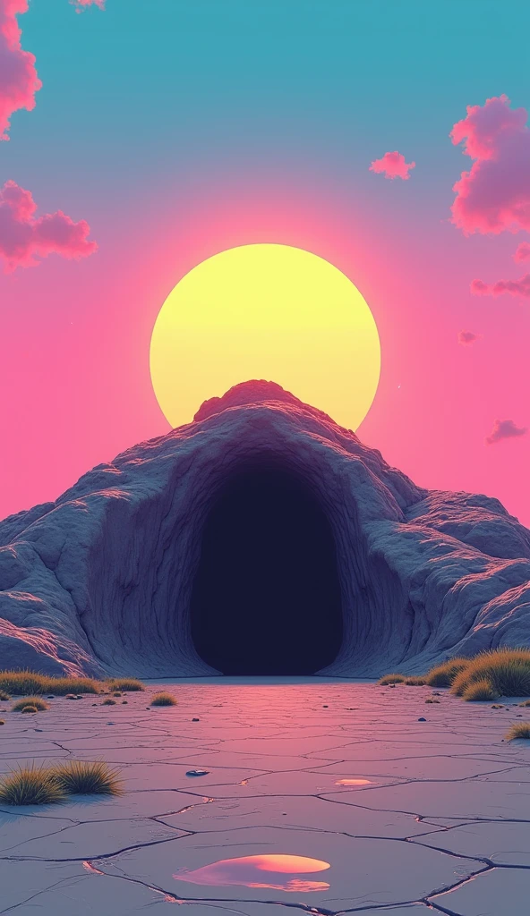 Vice City GTA, pink, blue and yellow clear sky with a yellow sun, retro sky, gray retro ground, clear sky, few clouds, There is a very wide and round rocky mountain in the background with a dark entrance in the middle, fat mountain with a round tip, the mountain is shaped like a semi circle