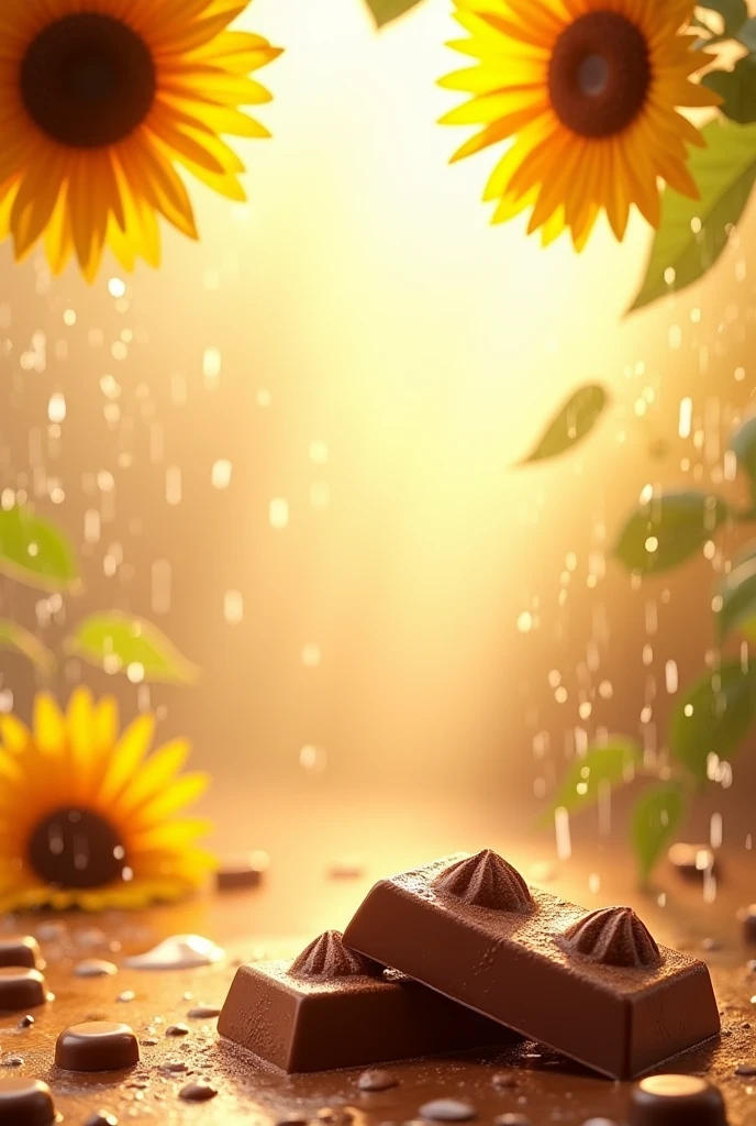 a background for a chocolate advertisement that is beige and has some sunflowers falling from the top with a little rain



