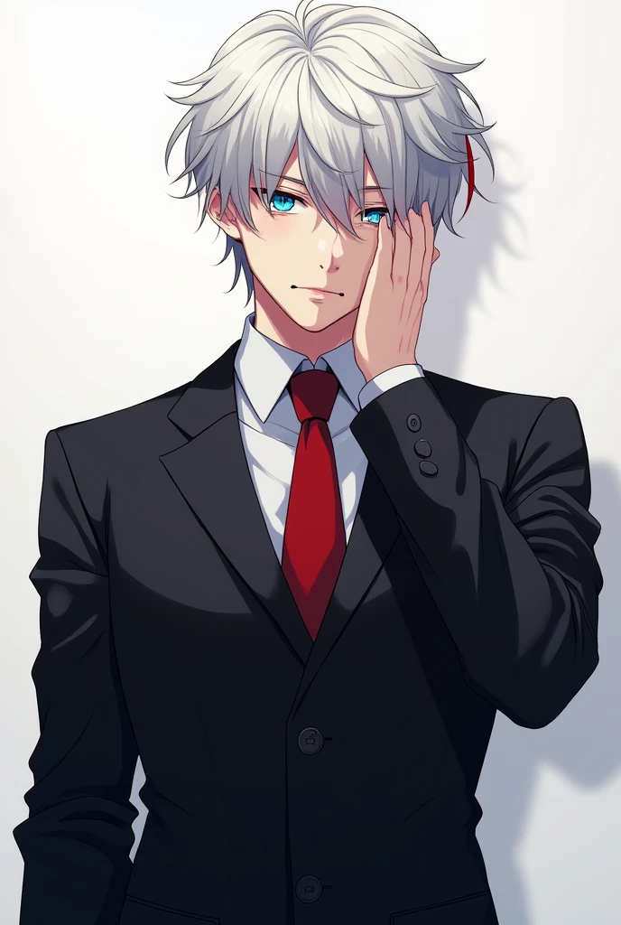 "Masterpiece, best quality, BREAK, young man, femboy white hair,short messy hair, blue eyes,muscular femboy, insane eyes, yandere eyes, tall, black suit, red tie, black highlights, red strand of hair in the middle,tired face, 1boy, solo"