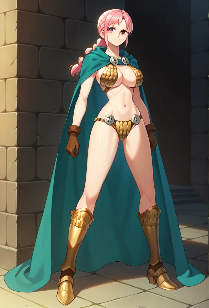 1girl, Solo, rebecca, anime style, breasts, bikini armor, pink hair, pink eyes, armor, cape, large breasts, braid, long hair, cleavage, gloves, navel, boots, shiny skin, smile, cape wavering in fronts, cape in-front, long cape 