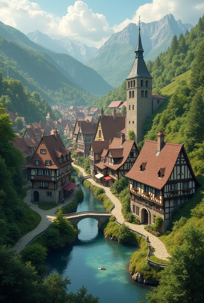 A medieval town at the bottom of a valley with lots of trees and lakes