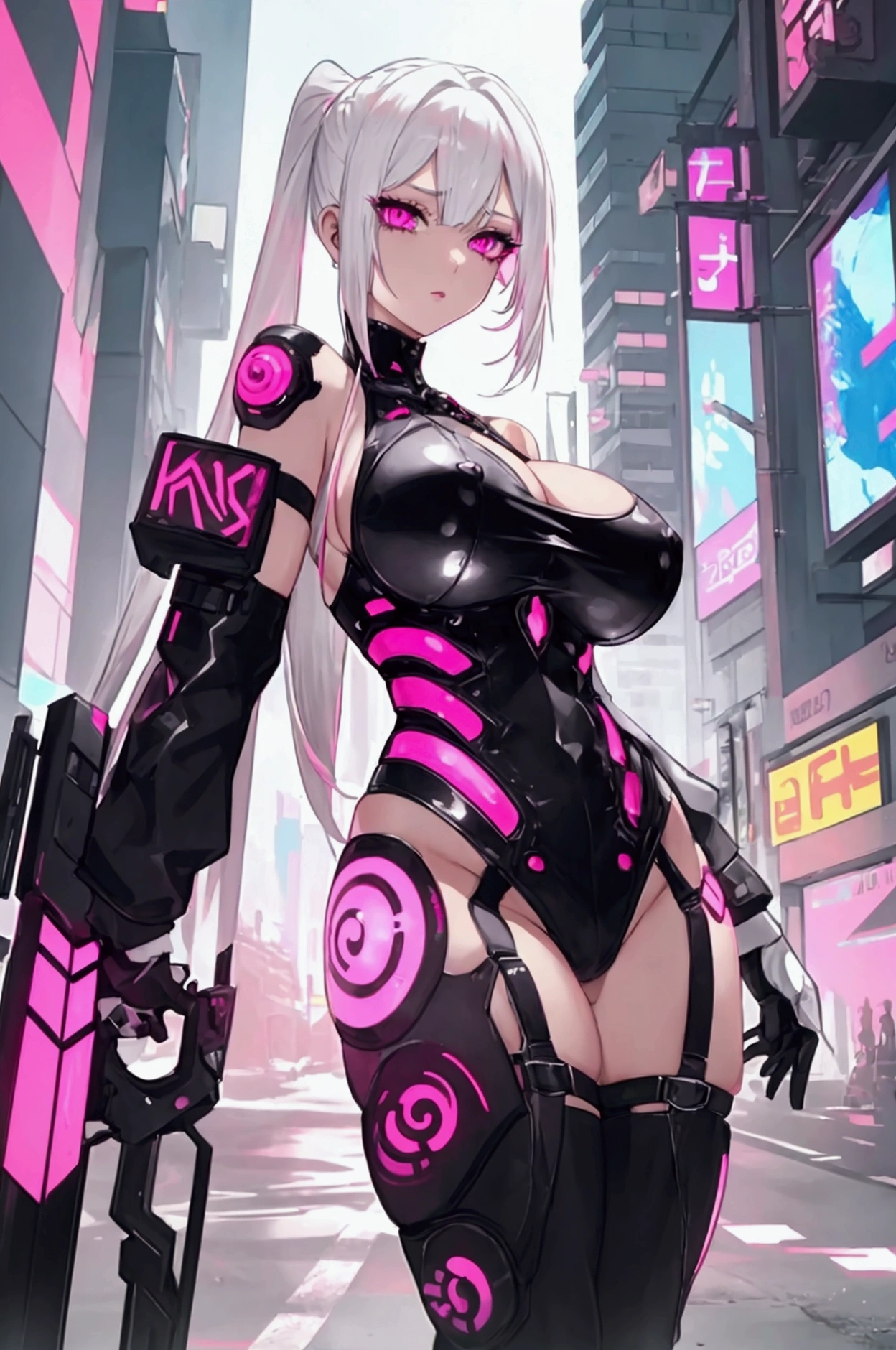 white  hair, Breasts huge, visual cyberpunk, pink eye iris, skin-tight outfit, sexy outfit, low-cut clothing, fully body
