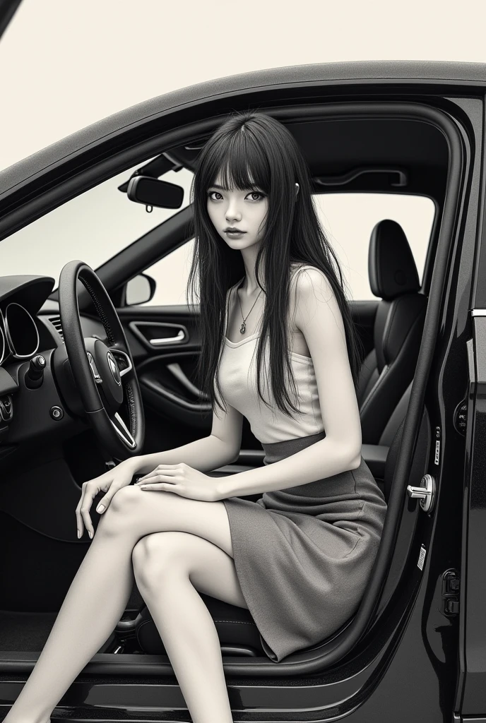 drawing of a brunette woman, long black straight hair, with skirt, in a black CAR