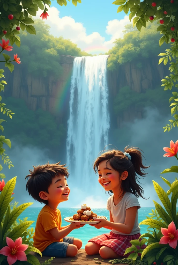 Pablito and his friend Maria (They are both children) They are sitting near the Pailón del Diablo waterfall. Water falls from a great height, creating a spectacular effect and vapor that forms a rainbow. Maria is offering Pablito a plate of roasted guinea pig and marshmallows, and they both laugh together. The environment is lush, with green vegetation and tropical flowers around.