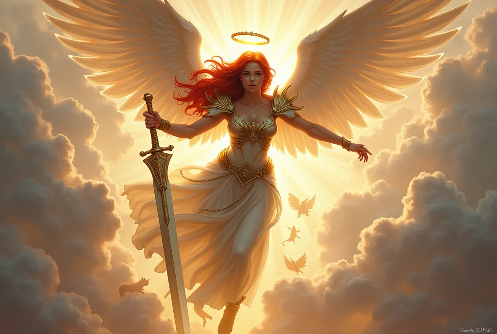 (masterpiece, best quality, highly detailed:1.3)high fantasy, Very beautiful woman angel flying towards viewer, face and upper body closeup, Angel Halo, red hair, whole body, modern magic the gathering art, radiant Color, clouds, (magic the gathering angels art influence:1.4), Beautiful line drawing, Impressive visuals, drawing long sword and commanding an army of (flying cats with angel wings:1.4) gliding down from the heavens, heaven's rays of light radiating prism colours, dynamic pose. glowing radiant face.