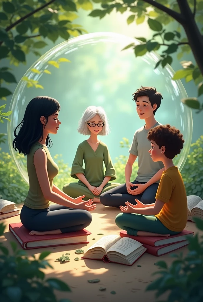 (realistic animation) creates an image of a woman with a thick build and black hair, an adult lady with white hair, a curly brown haired teenager (hero) and a man, with books next to it and plants, INSIDE a bubble meditating