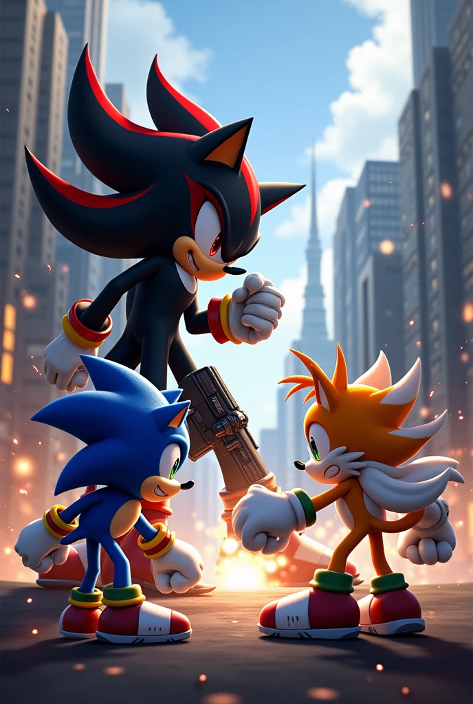 Shadow the hedgehog com uma arma na mão lutando com o Sonic the hedgehog com o tails
