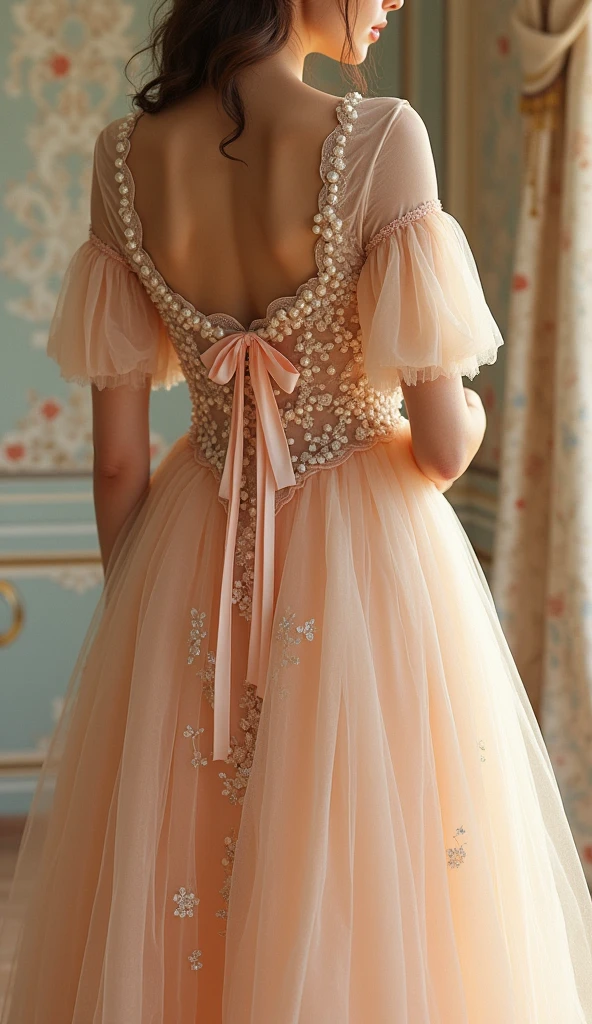 Create a breathtakingly beautiful, hyper-realistic image of a luxurious, vintage-inspired design, blending the refined elegance of Victorian charm with the soft, romantic flair of Shabby Chic. The composition features a delicate balance of light orange, beige, and cream hues, intricately adorned with exquisite lace, luminous pearls, and sparkling diamonds, all tied together with delicate ribbons. The overall effect is one of sophisticated refinement, as if plucked straight from a bygone era. The image should be rendered in stunning UHD, 8K resolution, with unparalleled detail and texture, transporting the viewer to a world of opulence and refinement. The level of craftsmanship and attention to detail must be exceptional, as if the image were a masterpiece from the finest artists of the past.