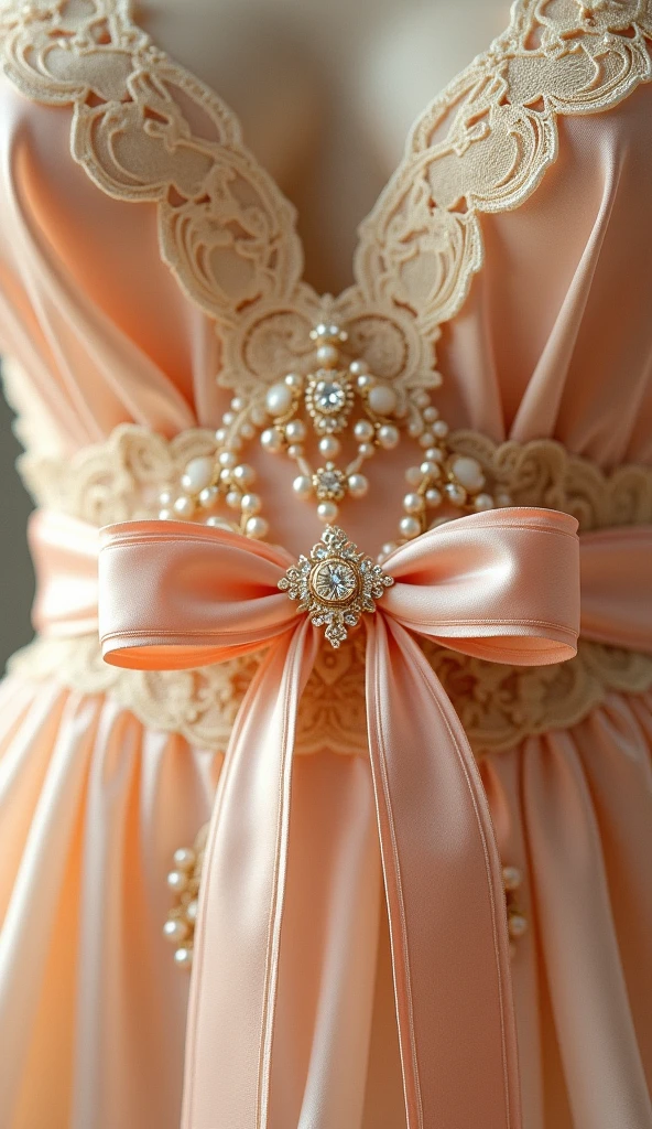 Create a breathtakingly beautiful, hyper-realistic image of a luxurious, vintage-inspired design, blending the refined elegance of Victorian charm with the soft, romantic flair of Shabby Chic. The composition features a delicate balance of light orange, beige, and cream hues, intricately adorned with exquisite lace, luminous pearls, and sparkling diamonds, all tied together with delicate ribbons. The overall effect is one of sophisticated refinement, as if plucked straight from a bygone era. The image should be rendered in stunning UHD, 8K resolution, with unparalleled detail and texture, transporting the viewer to a world of opulence and refinement. The level of craftsmanship and attention to detail must be exceptional, as if the image were a masterpiece from the finest artists of the past.