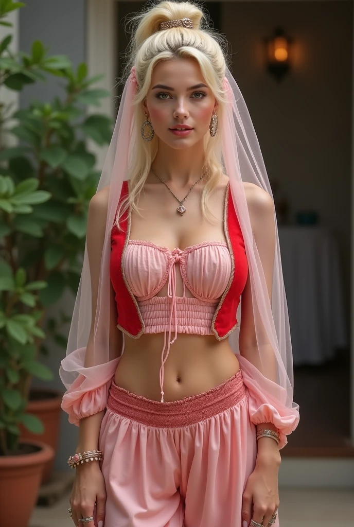 large format full body photo of a woman a Realistic full body portrait Photo of a I dream of Jeannie, genie in the lamp (((Jeannie))) with classic updo blonde hair style, diaphanous soft pink chiffon face veil pulled down under chin, tiny soft pink diaphanous gathered chiffon top under tiny open very cropped red velvet vest with thin white trim, low on hips diaphanous gathered soft pink chiffon harem pants elastic gathered at ankles and thick red velvet waist band with thin what trim and soft gathered pink chiffon inserts, Beautiful, Detailed face, Perfect eyes, (highly detailed skin:1.1), extremely long disheveled messy blonde hair with a sloppy extremely long ponytail, narrow shoulders, small breasts, aggressively arched back, bubble butt, full hips, sexy soft slightly rounded lower belly, proportionate average-length legs, compact build, perfect dainty narrow feet wearing tiny pink flat-soled closed-toe shoes with pointed tips, thick mascara, soft pink full pouting lips, hoop earrings, slave bands, several rings on various fingers, , layered clothes, best quality, Modelshoot style, Professional Photography, Photorealistic, in a bungalow, bokeh background, RAW, analog style, sharp focus, 8k, ultra high resolution, DSLR, high quality, Fujifilm XT3, film grain, award winning, masterpiece (blurry:-1) (undetailed:-1) (bad quality:-1) (NSFW:-1) (painting:-1) (vintage:-1) (navel:-1) (cleavage:-1.25), big smile