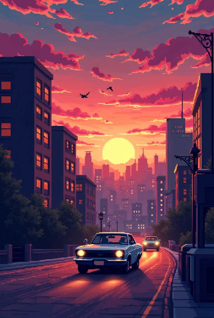 (pixel art)a car in 16-bit pixel art style, Side driving, In the background, you can see a city at sunset, with a sky that combines orange tones, pinks and purples. The city buildings are dimly lit, with windows that begin to shine. The car could be moving, with their headlights on, giving that classic and nostalgic feel of 16-bit games