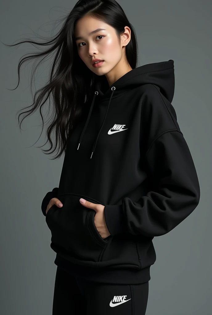 Une belle brune coréenne aux yeux bridés aux cheveux longs portant un sweat-shirt nike a capuche noir Nike et un pantalon noir Nike assorti, 