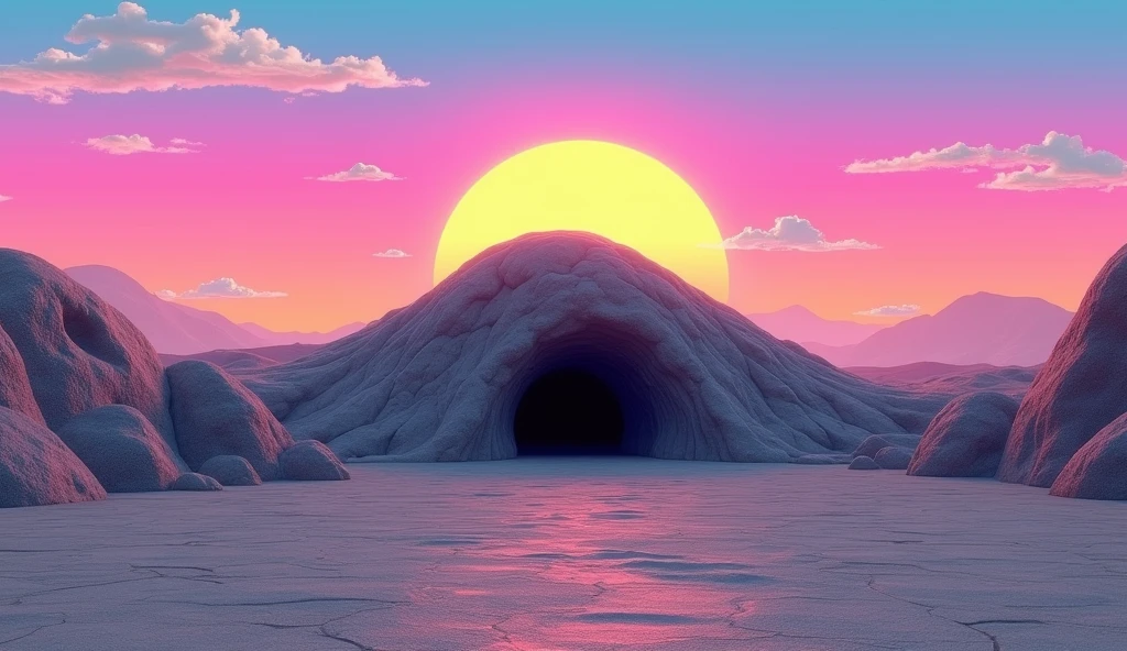 Vice City GTA, pink, blue and yellow clear sky with a yellow sun, retro sky, gray retro ground, clear sky, few clouds, There is a very wide and round rocky mountain in the background with a dark entrance in the middle, fat mountain with a round tip, the mountain is shaped like a semi circle