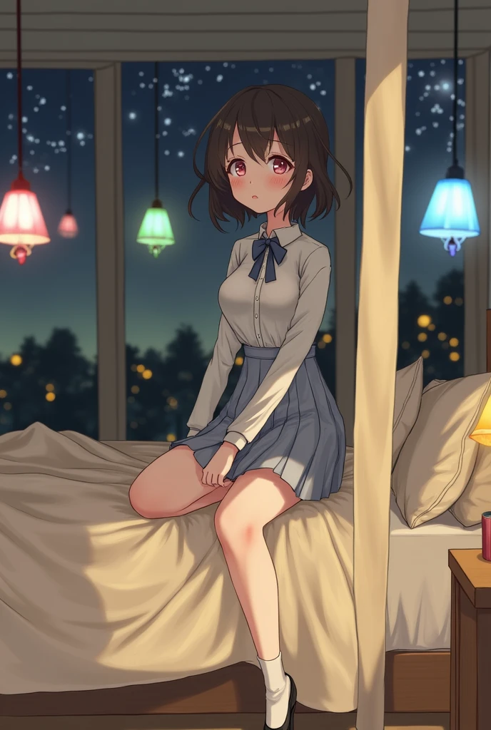 (8k, RAW photo, best quality, master:1.2), (realistic, photo-realistic:1.37), ultra detailed, 1 girl, cute, solo, beautiful detailed sky, detailed face, night, sitting, dating, (blushing), (smile: 1.1), (shut up), big breasts, beautiful delicate eyes, buttoned undone, (collar shirt: 1.1), bow tie, pleated skirt, (short hair: 1.2), flowing hair, long eyelashes, eye shadow, small face, big eyes, full body shot, bare shoulders, indoor, bed