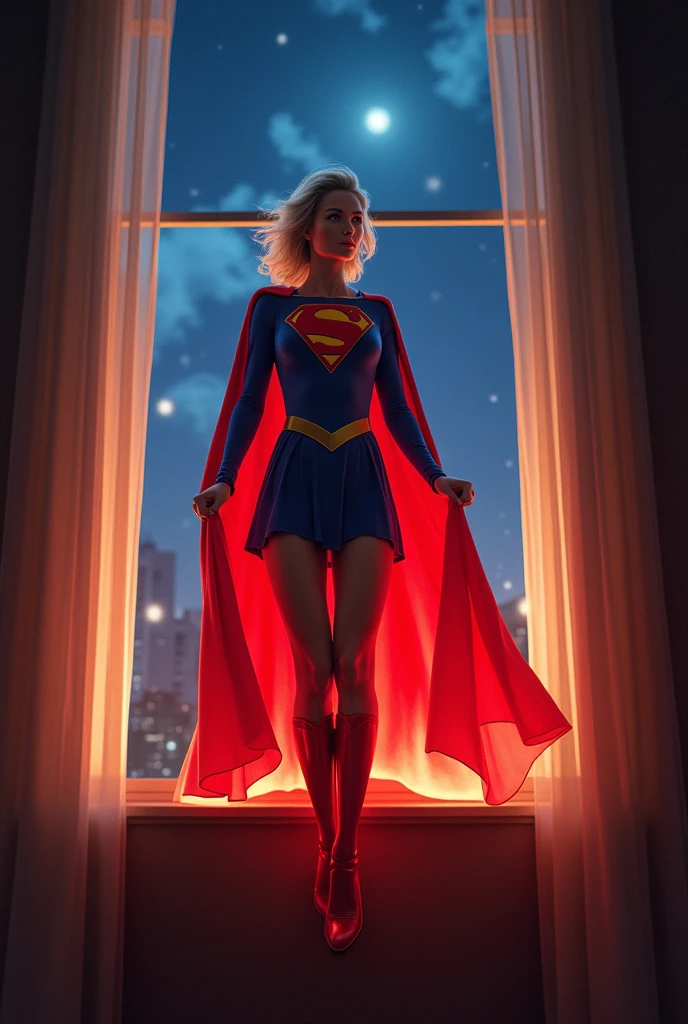 (((very beautiful old Supergirl (((1984s Supergirl movie costume))) Julie Hagerty))) Super oldwoman ; confident, powerful, indestructible, attractive; big and firm chest; strong breasts; flying in through the window and landing delicately inside an apartment, looking around (using his power to see through walls-- Rx vision power); floating outside a window; straight body; view from inside to outside, full body fluttering curtains, night, cinematic lighting, dramatic pose, beautiful detailed eyes, beautiful detailed lips, extremely detailed face and features, elegant, graceful, flowing cape, vibrant colors, hyperrealistic, 8k, high quality, intricate details, photorealistic, masterpiece