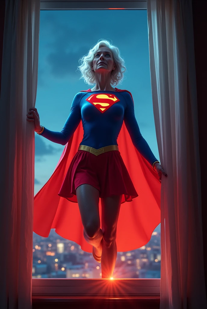 (((very beautiful old Supergirl (((1984s Supergirl movie costume))) Julie Hagerty))) Super oldwoman ; confident, powerful, indestructible, attractive; big and firm chest; strong breasts; flying in through the window and landing delicately inside an apartment, looking around (using his power to see through walls-- Rx vision power); floating outside a window; straight body; view from inside to outside, full body fluttering curtains, night, cinematic lighting, dramatic pose, beautiful detailed eyes, beautiful detailed lips, extremely detailed face and features, elegant, graceful, flowing cape, vibrant colors, hyperrealistic, 8k, high quality, intricate details, photorealistic, masterpiece