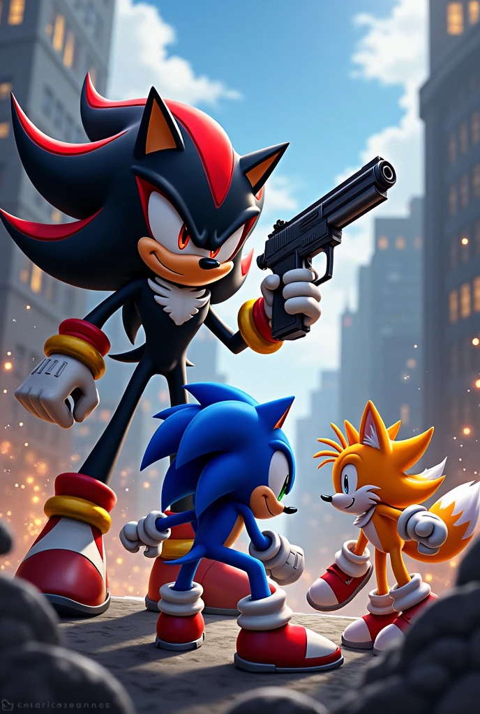 Shadow the hedgehog com uma arma na mão lutando com o Sonic the hedgehog com o tails 