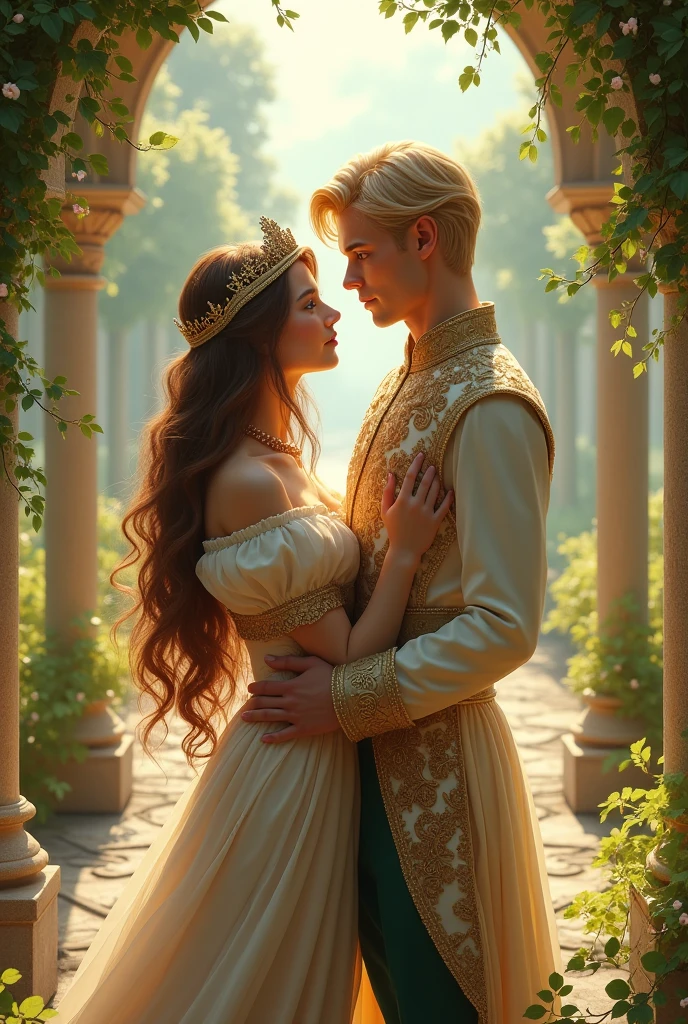 a brown-haired, green-eyed princess with a blond-haired, blue-eyed prince