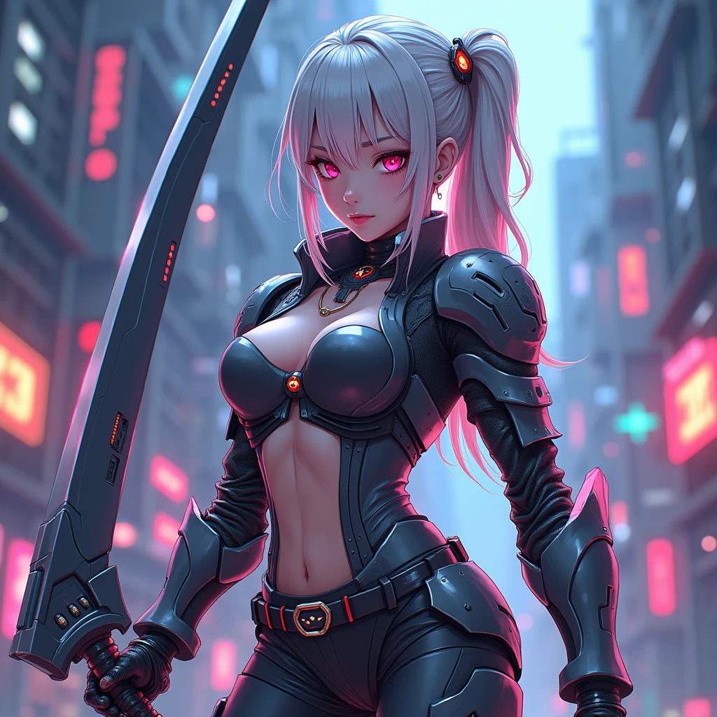 (1girl:1.2), solo, wearing a stylish futuristic outfit, highly detailed armor, (mecha elements:1.1), neon accents, wielding a large sword, [expression: fierce and determined], intricate accessories, intricate hair details, cyberpunk aesthetic, soft and smooth shading, in a low-angle shot, highly detailed, sharp lines, clear anime art style, (highly detailed background:1.2), soft rim lighting, depth of field, professional artwork, key visual design, dynamic lighting and shading.