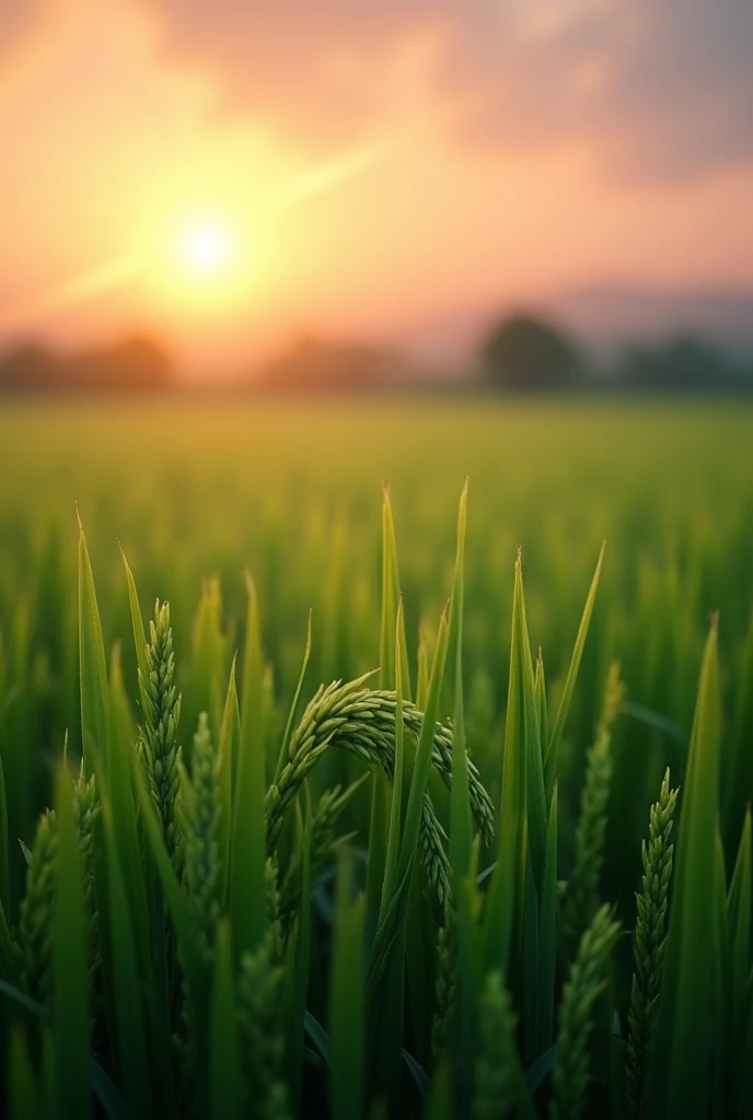 A rice field in the evening sky. To make it more realistic, add the feeling of it being blown by a gentle breeze.