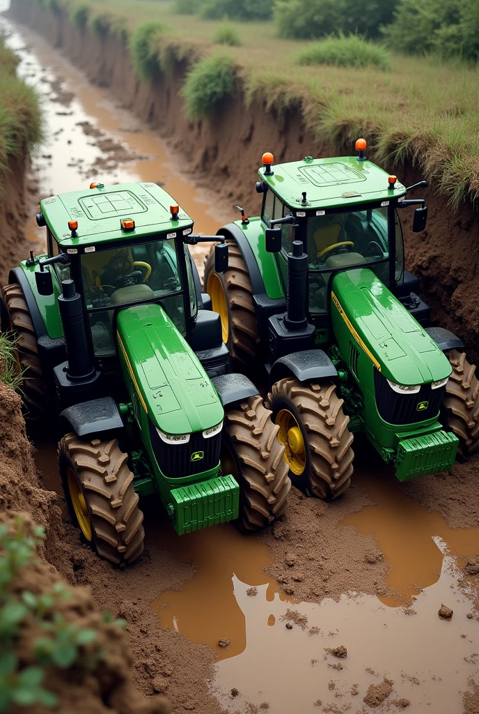 A John Deere 7J and a 6J stuck in a mud hole