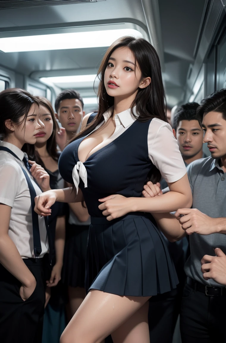 (harassment:1.8) Japanese woman, very , Large breasts, (Wort-sleeved shirt,Dark blue collar tape,short pleated skirt, Dark brown hair to the shoulders,hits,ear:1.2),chest grip, on the train, Grab your butt, Several men nd her grab her breasts., chest grip, e hands, masterpiece, of the highest quality, Very detailed, harassment, crowd of men, Crowd of surfers, very realistic face, very realistic eyes, crowd of men around her, The person grabbing her body, I pressed my chest, harassment, masterpiece, of the highest quality, Very detailed, 1 girl, multiple hands, Grab your butt with the crazy crowd, chgrip, The men around her, Squeezed body, Many people grab their chest., Being hit, put on clothes, Very wet and sweaty, Grab the clothes, (There are no women in the crowd.:1.5), Man with a tie