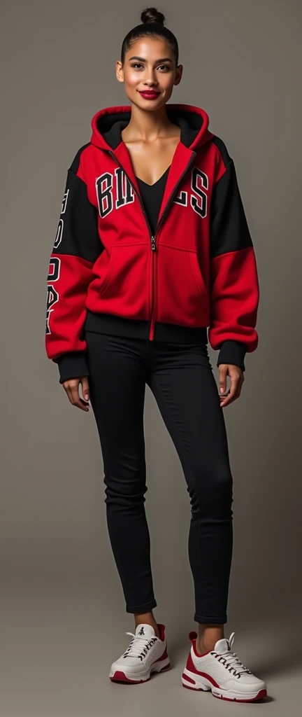 craft a hyper realistic full body length hourglass photo of north Indian beautiful face atheletic muscular biceps and body woman in her age 33, 38B cup large super tight and firm breasts, Red Black V neck Sweater and Black jeans slim fit ]] [[Razor cut hair cut, full body pose, highly detailed, wearing Chicago Bulls Jordan hoodie jacket and tracks, cute smile, colorized, smooth, charming, pretty big sexy smile, red lipstick, soft lips, supple skin, attractive appearance, full body length photo with shoes.