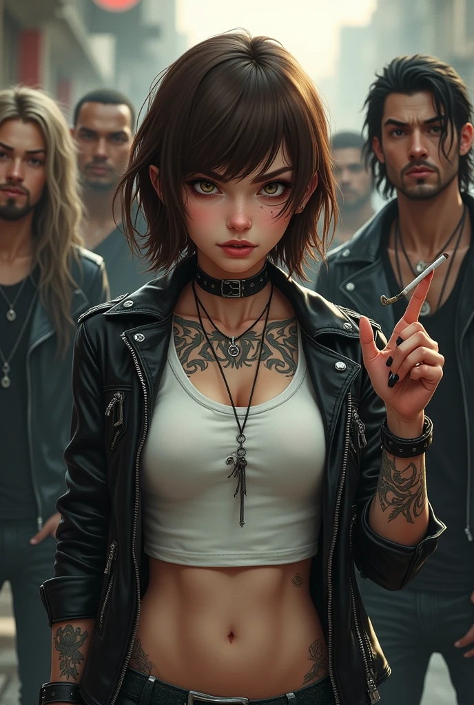 White skinned biker girl with freckles. Scarred face. Septum in the nose. Piercing on the bridge of the nose. Open biker jacket, white t-shirt underneath. Black choker on the neck. Yakuza style tattoos. With several gang members behind. Short brown hair Expression of contempt. cigarette