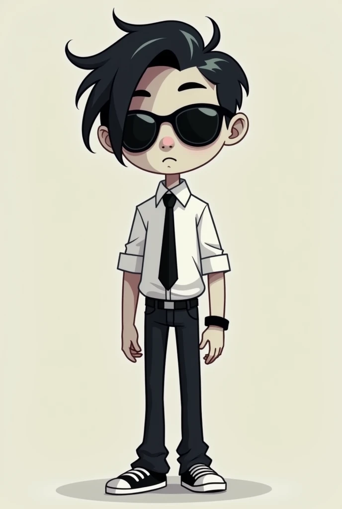 A character with light skin, black hair, sunglasses, long sleeves and black tie, black bracelet, black pants, black and white shoes, two small black horns. Cartoon style.