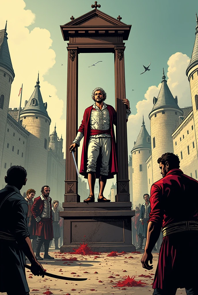 Create a comic about the fall of the Bastille with emphasis on the king's guillotine