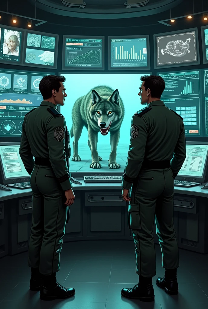 In a control room, General Morales and Commander Mendoza are staring at a screen where they can see information data, DNA samples about the new experiments and analysis of a creature they managed to capture.. A metallic wolf with large fangs
of green with gray and spots and with fur sniffing around