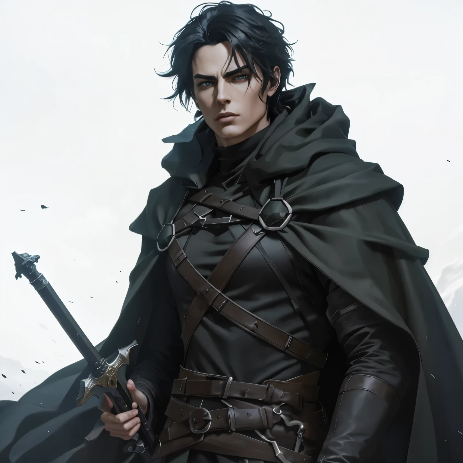 (an androgynous male assassin:1.1),wild black hair,green eyes,slim,black assassin clothing,in a castle,medium:oil painting,detailed background,moody lighting,vivid colors,dark and mysterious ambiance,ominous atmosphere