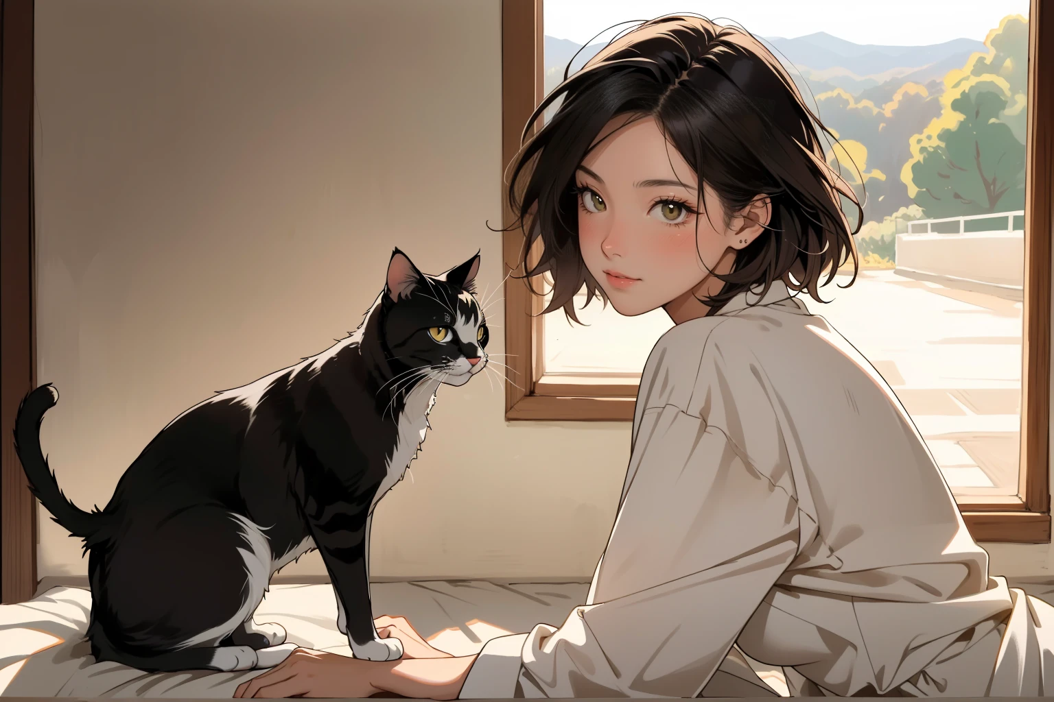 (grainy:0.7), (extremely detailed:1.2), (spicy:0.7), absurdity, (evening:1.2), natural light girl, Cat&#39;s ears, ,smiling,Amazed, (I&#39;m looking at a butterfly:1.2), from the outside, messy medium hair autumn forest background