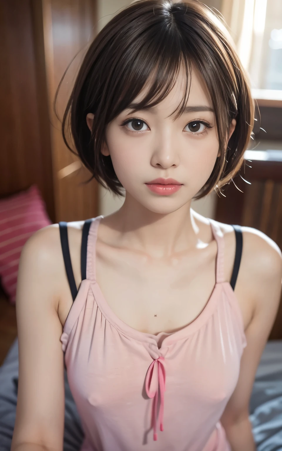 Cute 2 Japan、on the beds、Red tank top、Super Detail Face、Eye of Detail、double eyelid、beautiful thin nose、sharp focus:1.2、prety woman:1.4、(light brown hair,short cut hair,、top-quality、​masterpiece、超A high resolution、(Photorealsitic:1.4)、full body Esbian、