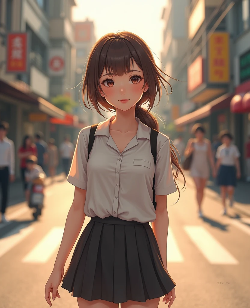 A girl walking down the street, ,Mix 4, lips, Open_mouth, Realistic, photograph_(Moderate), alone, Very detailed, (Skin with attention to detail:1.2),(Highest quality:1.0), (Ultra-high resolution:1.0), sunlight, (Beautiful and detailed makeup), Small breasts,uniform,