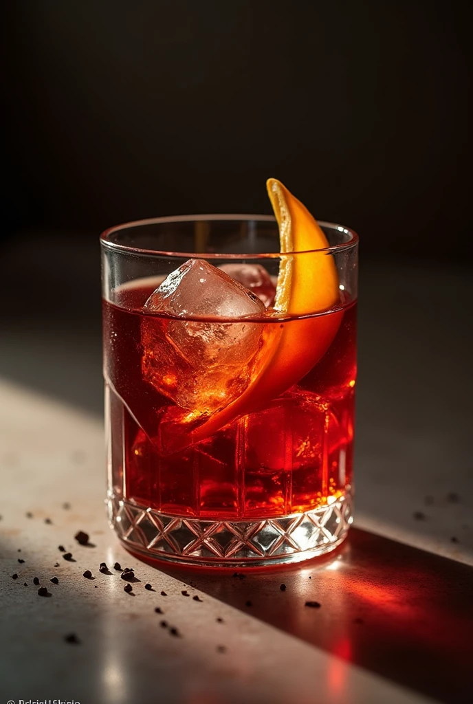 Refined Negroni cocktail, in a old fashioned glass, refined sophisticated setting, minimalist, professional photography, back lighting, winner photoawards, Using a Fujifilm X-T4 and a 56mm f/1.2 lens, top front — v 6.0 — style raw — s 200 — ar 4:3