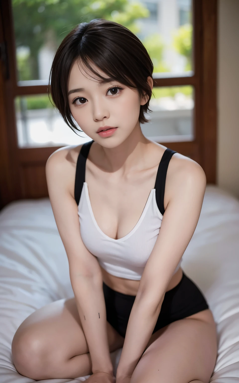 Cute 2 Japan、on the beds、Red tank top、Super Detail Face、Eye of Detail、double eyelid、beautiful thin nose、sharp focus:1.2、prety woman:1.4、(light brown hair,short cut hair,、top-quality、​masterpiece、超A high resolution、(Photorealsitic:1.4)、full body Esbian、