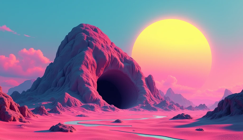 Vice City GTA, pink, blue and yellow clear sky with a yellow sun, retro sky, clear sky, few clouds, There is a very wide and round rocky mountain in the background with a dark entrance in the middle, fat mountain with a round tip, the mountain is shaped like a semi circle