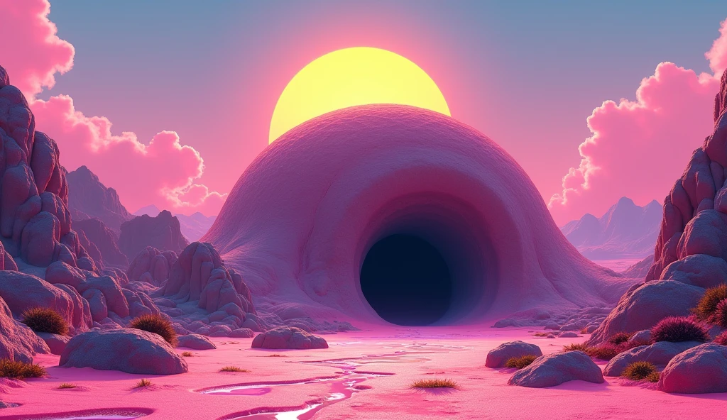 Vice City GTA, pink, blue and yellow clear sky with a yellow sun, retro sky, clear sky, few clouds, There is a very wide and round rocky mountain in the background with a dark entrance in the middle, fat mountain with a round tip, the mountain is shaped like a semi circle