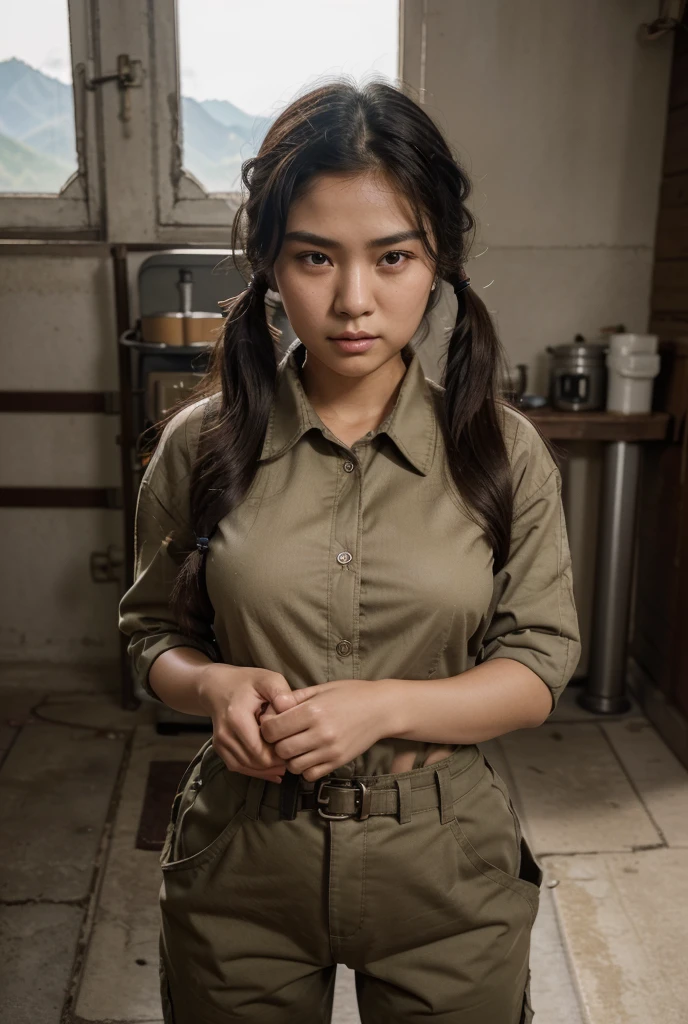 1girl, beautiful detailed female north korean woman, young, north korea, korea, east asia, north korean face, voluptuous, curvaceous, short, petite, thicc, thick thighs, busty, wide hips, natural, natural lashes, no makeup, glistening sweat, teenager, ulzzang, cute face, thin face, skinny face, thin cheeks, tsundere, annoyed face, angry face, angry brows, frowning, small nose, thin eyes, thin lips, fully clothed, military clothing, baggy clothing, baggy pants, shirt collar, unbuttoned clothes, open shirt, military harness, carrying military gear, rifle strap, wearing military pouches, chest binding, arafed woman, north korean farmer, north korea harvest, north korea rural travel, north korean woman, traditional korea, rural north korea, in bed, makeshift bed, fields, impoverished, disheveled, farmer, farming, messy thick luscious hair, jet black hair, tied short hair, short hair, traditional hairstyle, cute hairstyle, cute haircut, bob cut with pigtails, detailed face, penetrating eyes, beautiful detailed lips, extremely detailed skin, detailed clothing, colorful clothing, (best quality,4k,8k,highres,masterpiece:1.2),ultra-detailed,(realistic,photorealistic,photo-realistic:1.37), natural lighting, warm color tones, cinematic composition