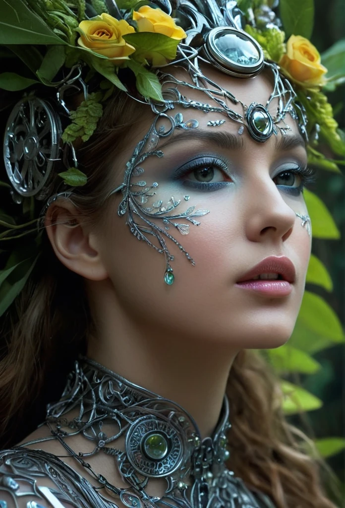 Midjourney, Midjourney style, Super HD, hyperquality, hyper-realistic, Cinematic high quality photo, (different photorealistic portrait masterpiece of a mysterious hybrid creature, a fusion of floral and mechanical) elements, wandering through an enchanted forest of bioluminescent trees and glowing plants. This unique being, with a body covered in lush foliage and intricate gears, has radiant eyes that emit a soft, (gloomy and mesmerizing light). It explores the surreal landscape, a realm where nature and technology coexist harmoniously. Delicate flowers intertwined with polished metal vines form a fascinating, intricate pattern on the creature's skin. High detail, (by Jean Ansell, Josephine Wall, H. R. Giger, and Daniel Lieske),geometric shapes,architectural details, 64k photography,close-up textures, manga, anime, poster