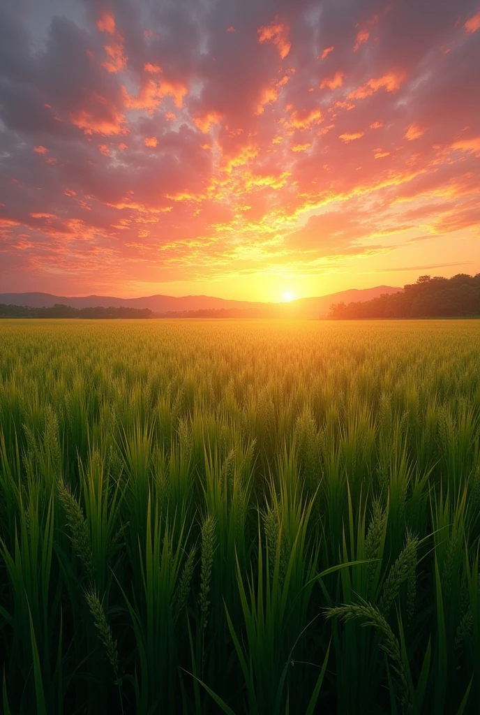 A rice field in the evening sky. Make it a little more realistic. Add the feeling of it being blown by the breeze. Make the sunset stand out a little more.