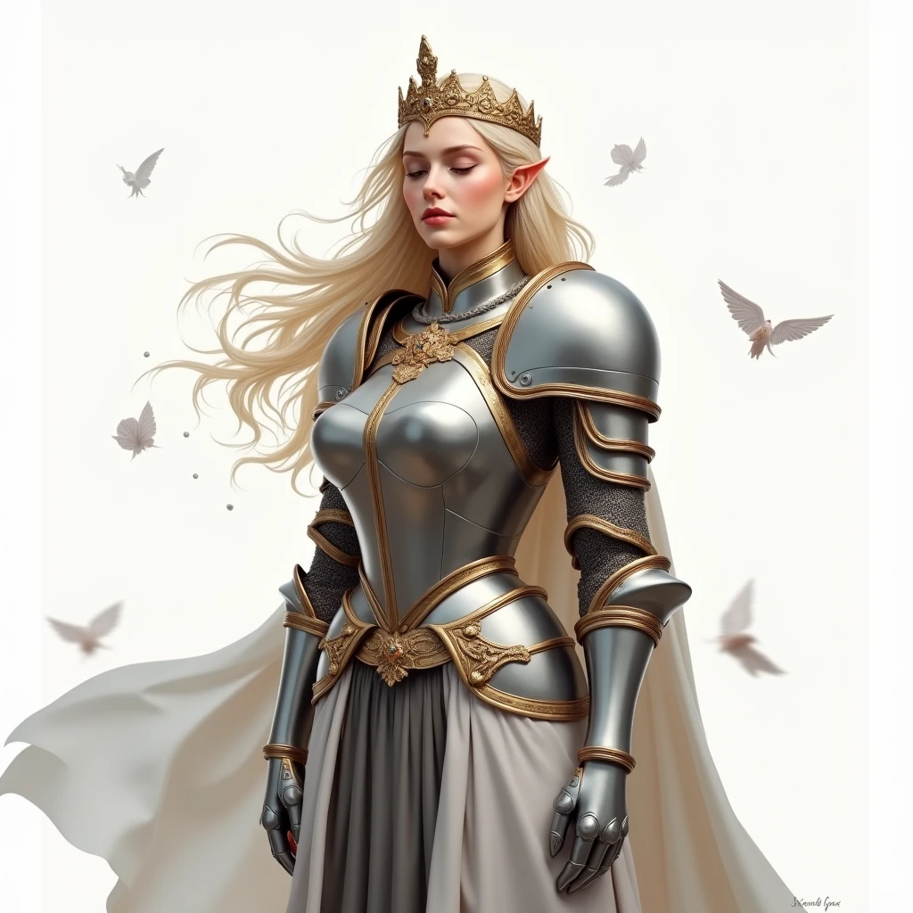 score_9, score_8_up, BREAK
1girl, wide shot, hair ornament, tiara, skirt, full armor, floating object, grey skirt, floating, helm, gold trim, closed eyes, blonde hair, armor, pauldrons, shield, black armor, simple background, armored dress, white background, helmet, plate armor, long hair, x hair ornament, shoulder armor, smile, gorget