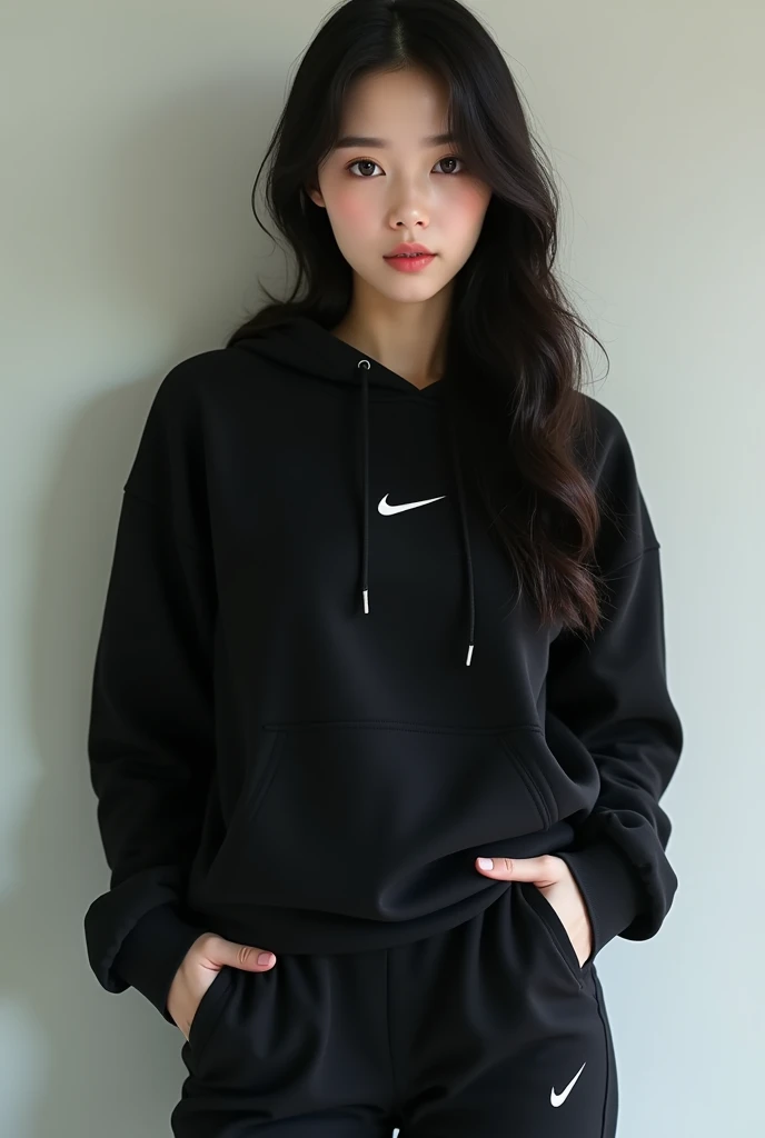 Une belle brune coréenne aux yeux bridés aux cheveux longs avec poitrine portant un sweat-shirt nike a capuche noir Nike et un pantalon noir Nike assorti,