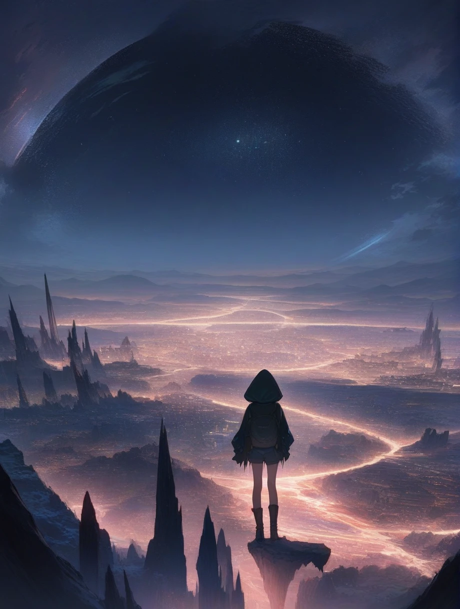 score_9, score_8_up, score_7_up, score_anime, masterpiece, top quality, delicate illustration, sharp lines, sharp focus, BREAK, a traveling girl wandering in the endless night world, the girl wears a hood and has a lot of stuff in her backpack, night , fantastic landscape, beautiful scenery, harmony with nature, spectacular view, futuristic city, (((torn clothes))), (((torn hood))),shorts,boots