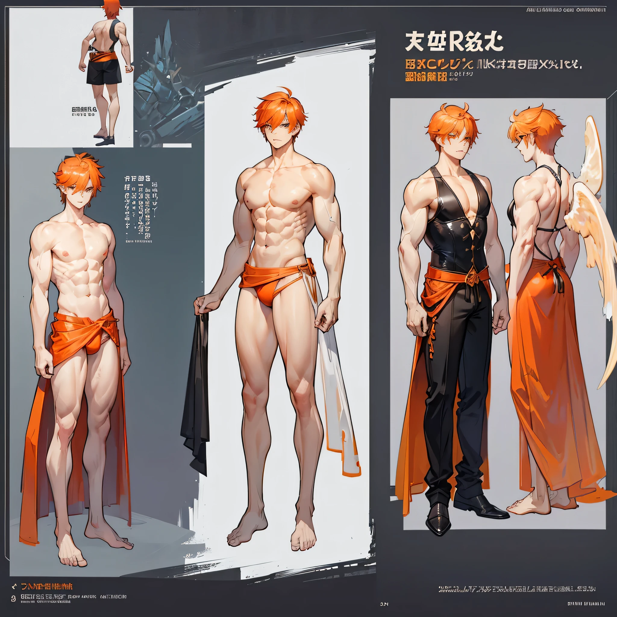 (Masterpiece, best quality), detailed, 1 man, ((character concept art)), ((character design sheet, same character, front, side, back)), full body, body complete, 1 Male angel, 1 Man angel, Detailed face, character design sheet,full bodyesbian, Highly detailed, character sheet, character design, Many parts, dark skin, angel wings, short orange hair, angel outfit, muscle male god, male clothes, masculine, muscle man, male muscle, manly, male angel, Muscle male with short orange hair,beautiful man, beautiful muscle man