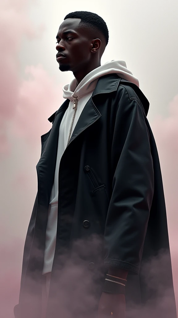 A black man with short, black hair, wearing a black and white outfit , surrealistic style, pastel tones, mid shot, dramatic light.